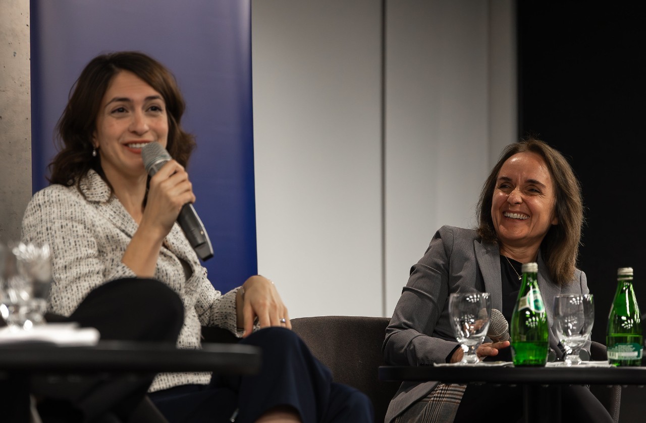 Panelist Sofia Quilico, Regional Vice-President, Wealth Management Solutions, at National Bank Financial Wealth Management, and Professor Alexandra Dawson at the National Bank Women in Leadership Speaker Series event, "How employers can support women's career progression" on October 18, 2023.
